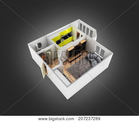 Interior Apartment Roofless Perspective View Apartment Layout On Balck Gradient Background 3D Render