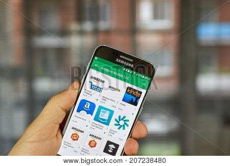 MONTREAL CANADA - SEPTEMBER 29 2017: Amazon applications on Samsung S7. Amazon.com Inc. doing business as Amazon is an American electronic commerce and cloud computing company based in Seattle.
