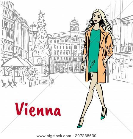 Woman in Vienna, Austria. Hand-drawn illustration. Fashion sketch