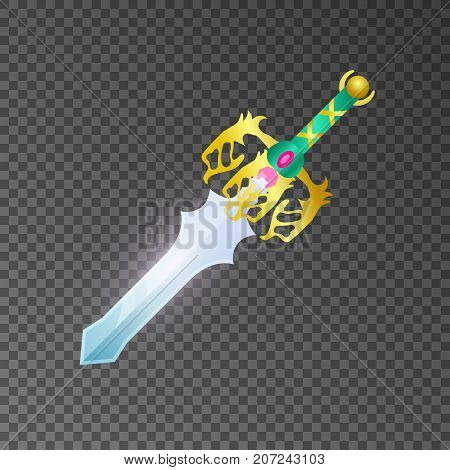 Epic sword isolated game element. Shiny medieval weapon for computer game design. Fight decoration, fantasy battle object vector illustration.