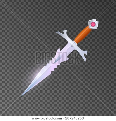 Magic weapon isolated game element. Shiny medieval dirk for computer game design. Fight decoration, fantasy battle object vector illustration.