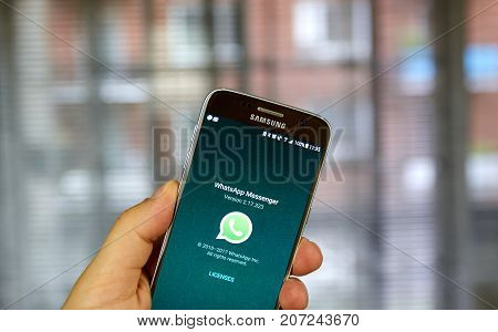 MONTREAL CANADA - SEPTEMBER 28 2017 - Whatsapp mobile application on screen of Samsung S7. WhatsApp Messenger is a freeware and cross-platform instant messaging service for smartphones