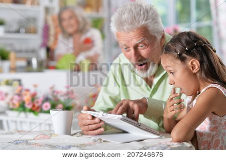 grandfather with granddaughter using laptop while sitting at kitchen table