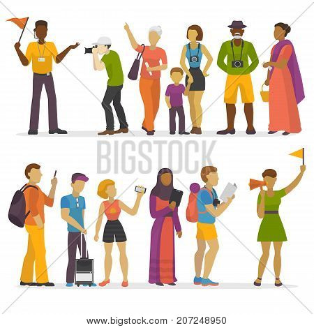 People family traveling on vacation traveler characters happy trip journey couple vector illustration. Vacation travel tourists people groups with guide.