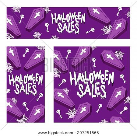 Happy Halloween Sales. The trend calligraphy. Vector illustration with coffin X cross with skull key and spiderweb