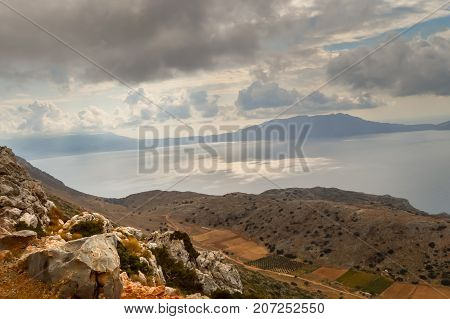 Panorama of the ocean and mountains from the western heights of Crete