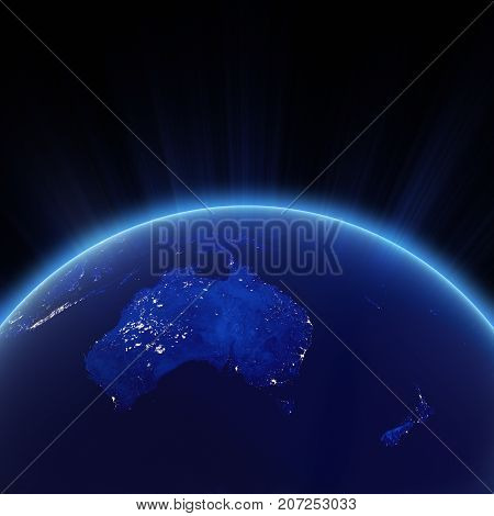 Australia and New Zeland city lights at night. Elements of this image furnished by NASA 3d rendering
