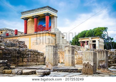The North Entrance of the Palace with charging bull fresco in Knossos at Crete, Greece