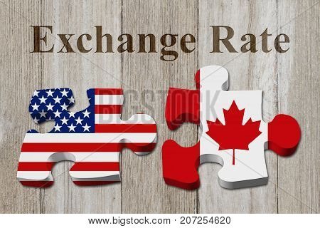 The exchange rate from the US dollar to the Canadian dollar Two puzzle pieces with the flags of USA and Canada on weathered wood with text Exchange Rate 3D Illustration