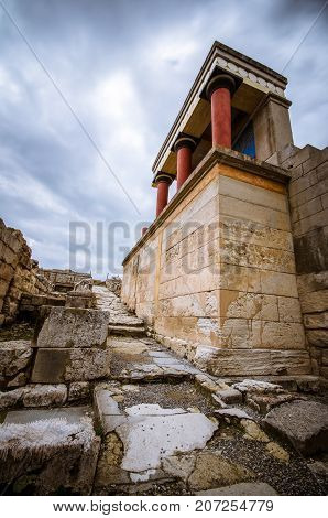 The North Entrance of the Palace with charging bull fresco in Knossos at Crete, Greece