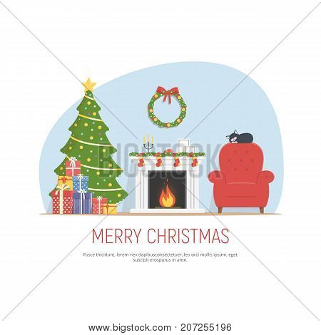 Christmas decorated living room. Cozy room with fireplace, red armchair, christmas tree and pile gifts. Christmas background in flat style. Vector illustration.