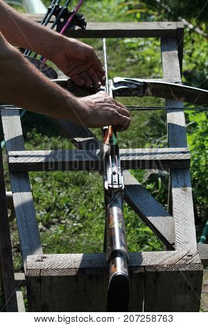 Crossbow, weapons producing boom.crossbow resting on tree trunk in autumn woods