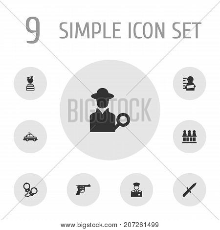 Collection Of Inspector, Bayonet, Manacles And Other Elements.  Set Of 9 Crime Icons Set.