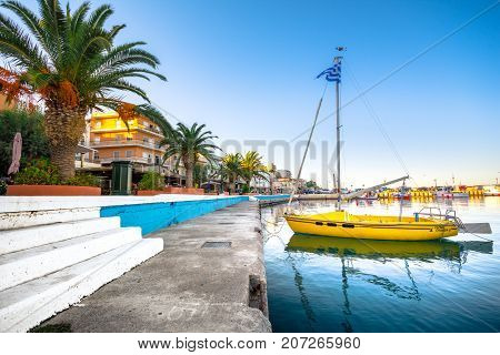 The pictursque port of Sitia, Crete, Greece at sunset. Sitia is a traditional town at the east Crete near the beach of palm trees, Vai on July 20, 2017.