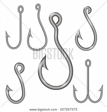 Set of Different Steel Hooks Isolated on White Background