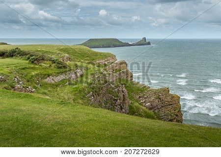 A landscape view of the Worms Head Rhossili South Wales.