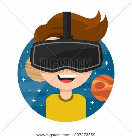 Young man with glasses of virtual reality. .. Flat vector icon cartoon character illustration design. New Gaming Cyber technologies. Glasses VR. Space. Isolated on white background