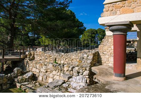 The North Entrance of the Palace with charging bull fresco in Knossos at Crete, Greece