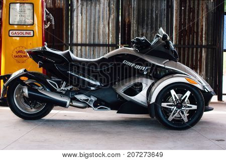 Thailand - AUGUST 13 2017: Trike or tricycle vehicle Spyder is made by Bombardier Recreational Products or BRP is a Canadian company