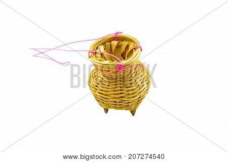 Close up bamboo container for caught fish a fishtrap isolated on white background.Saved with clipping path.