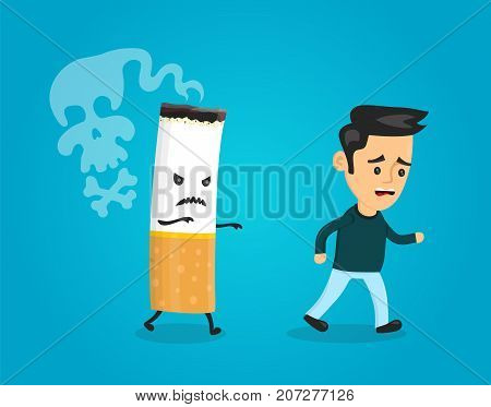 Cigarette runs after man. Stop smoking concept. Cigarette kills. Vector flat cartoon character illustration
