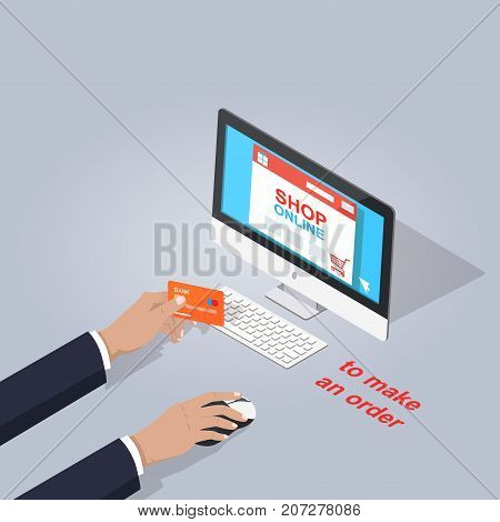 Make order in online shop on computer flat theme on gray background. Human's hands holding debit card and notebook mouse. Vector illustration of electronic commerce in cartoon style graphic design.
