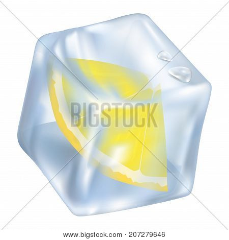 Ice cube with frozen slice of lemon closeup icon vector illustration. Glacial square with two water drops isolated on white.