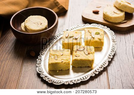Stock photo of Soan Papdi or Soan roll or Patisa or patisha, popular sweet from India. selective focus
