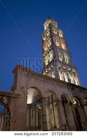 Bell Tower of church of St Domnius in roman palace of Diocletian in town of Split in Croatia night view