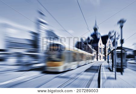 Blurred movement of a New type of Brussels tram