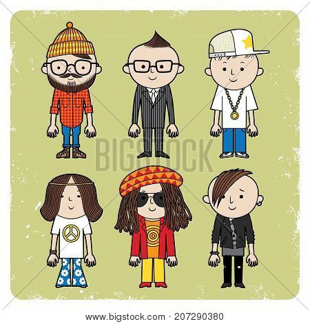 Six men in different clothes. Vector set of different subcultures man.