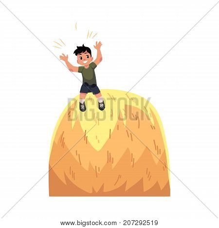Happy teen boy sitting on top of haystack, hay stack, having fun in summer farm, cartoon vector illustration isolated on white background. Happy boy, kid, child sitting on high haystack, farm summer
