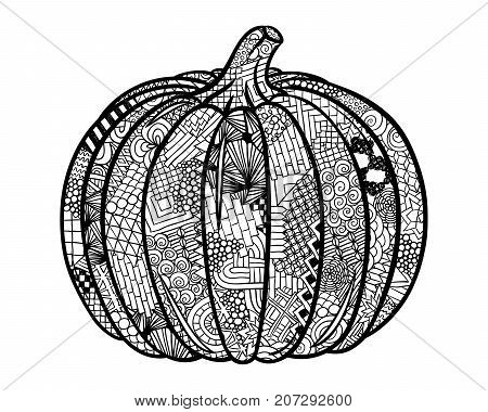 Pumpkin zentangle. Thanksgiving day symbol. Sketch vector. Autumn holidays. Halloween pumpkin. Doodle illustration for fall printed products celebration cards or invitations.