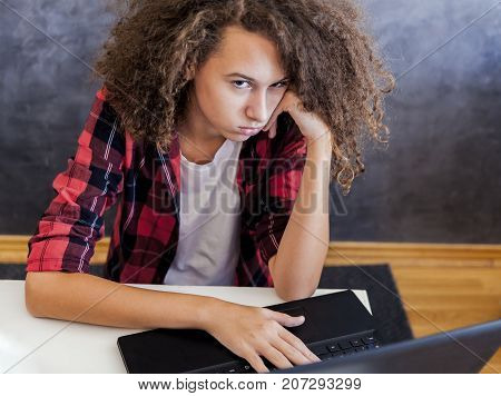 Unhappy Teenage Girl Using Laptop At H Ome