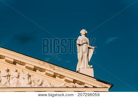 Vilnius, Lithuania. Close View Of Statue Of Saint Casimir Symbolized Lithuania On Roof Of Cathedral Basilica Of St Stanislaus And St Ladislaus.