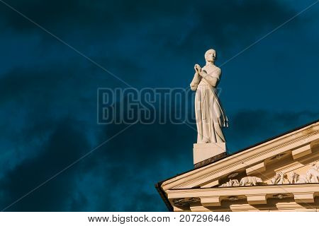 Vilnius, Lithuania. Close View Of Statue Of Saint Stanislaus Symbolized Poland On Roof Of Cathedral Basilica Of St Stanislaus And St Ladislaus.