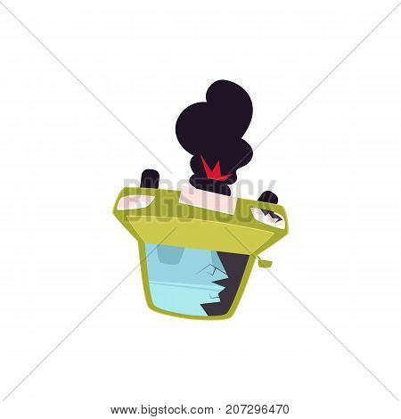 vector flat cartoon car accident. Overturned damaged vehicle with cracked windshield, headlight and fire with black smoke from engine. Isolated illustration on a white background. Road safety concept