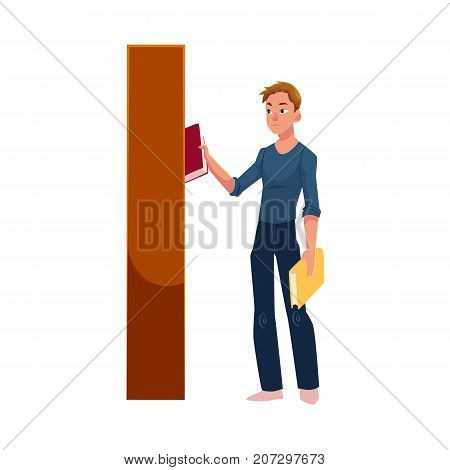 Young man taking, picking a book from bookcase, bookstand in library, store, cartoon vector illustration isolated on white background. Young man taking, choosing, picking a book from bookcase