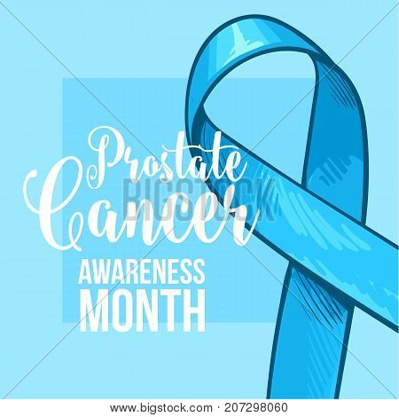 Prostate cancer awareness month banner, poster, template with hand drawn blue ribbon, sketch vector illustration. Hand drawn blue ribbon, prostate cancer awareness month campaign banner, poster, card