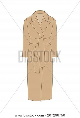 Women's coat robe with a belt. Cashmere and wool. Trendy model of women's wardrobe. Vector illustration