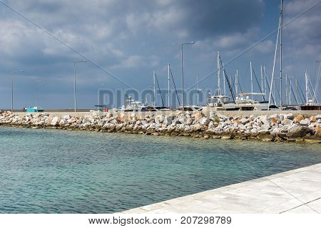 CHALKIDIKI, CENTRAL MACEDONIA, GREECE - AUGUST 25, 2014:  Panoramic view of port of Nikiti at Sithonia peninsula, Chalkidiki, Central Macedonia, Greece