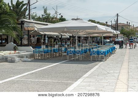 CHALKIDIKI, CENTRAL MACEDONIA, GREECE - AUGUST 25, 2014:  Panoramic view of port of Nikiti at Sithonia peninsula, Chalkidiki, Central Macedonia, Greece