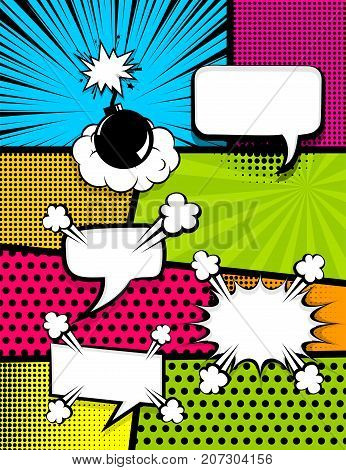 Vertical pop art comics book magazine cover template. Cartoon funny vintage strip comic superhero text, speech bubble, balloon, box message, burst bomb. Vector halftone illustration. Blank graphic.