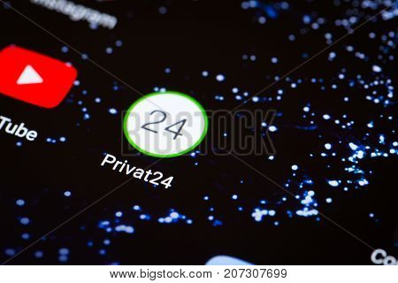Kiev, Ukraine - October 3, 2017: the Privat24 logo on the smartphone screen close-up.