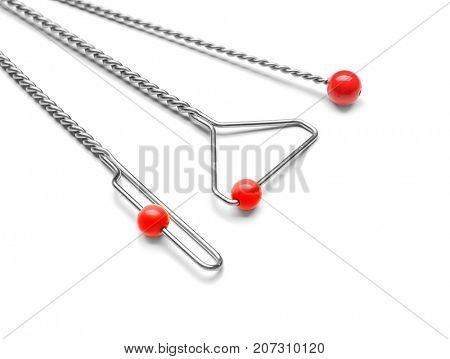 Set of instruments for speech therapist on white background