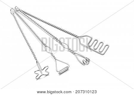 Set of instruments for speech therapist on white background