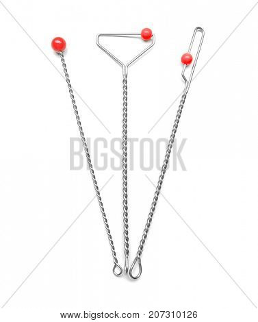 Set of instruments for speech therapist on white background