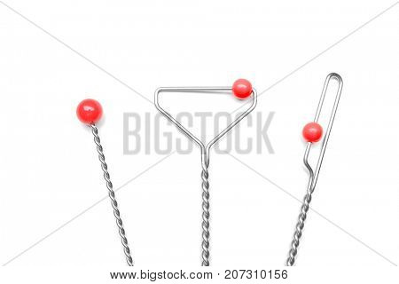 Set of instruments for speech therapist on white background