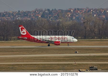 BUDAPEST, HUNGARY - MARCH 22, 2017: Airliner of Air Berlin arriving at Budapest Liszt Ferenc Airport.