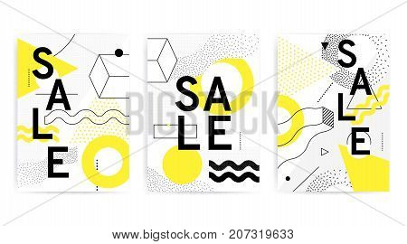 Universal posters collection with bright bold geometric yellow elements, chaotic composition in restrained sustained tempered style. Easy editable clipping mask. Magazine, leaflet, ad, typography, print